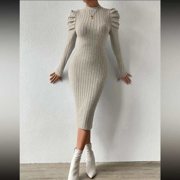 Elegant Mock Neck Puff Long Sleeve Ribbed Knit Bodycon Dress - Picture 9 of 16